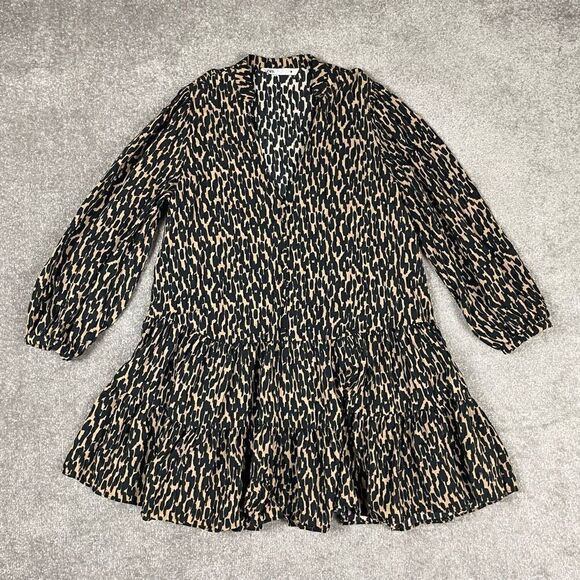 Zara Blouse Women Large Black Animal Print Tierred Tunic Cloth Button Flowy Soft - Picture 1 of 6